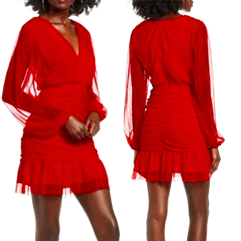 NEW 4SI3NNA Red V-Neck Long Sleeve Shirred Tulle Bodycon Dress Small Cocktail
